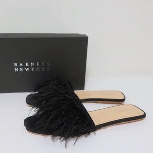 Barneys New York Slides Sandals Black Ostrich Feather